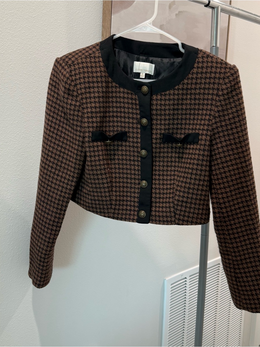 Flying Tomato Cropped Houndstooth Blazer in Brown and Black